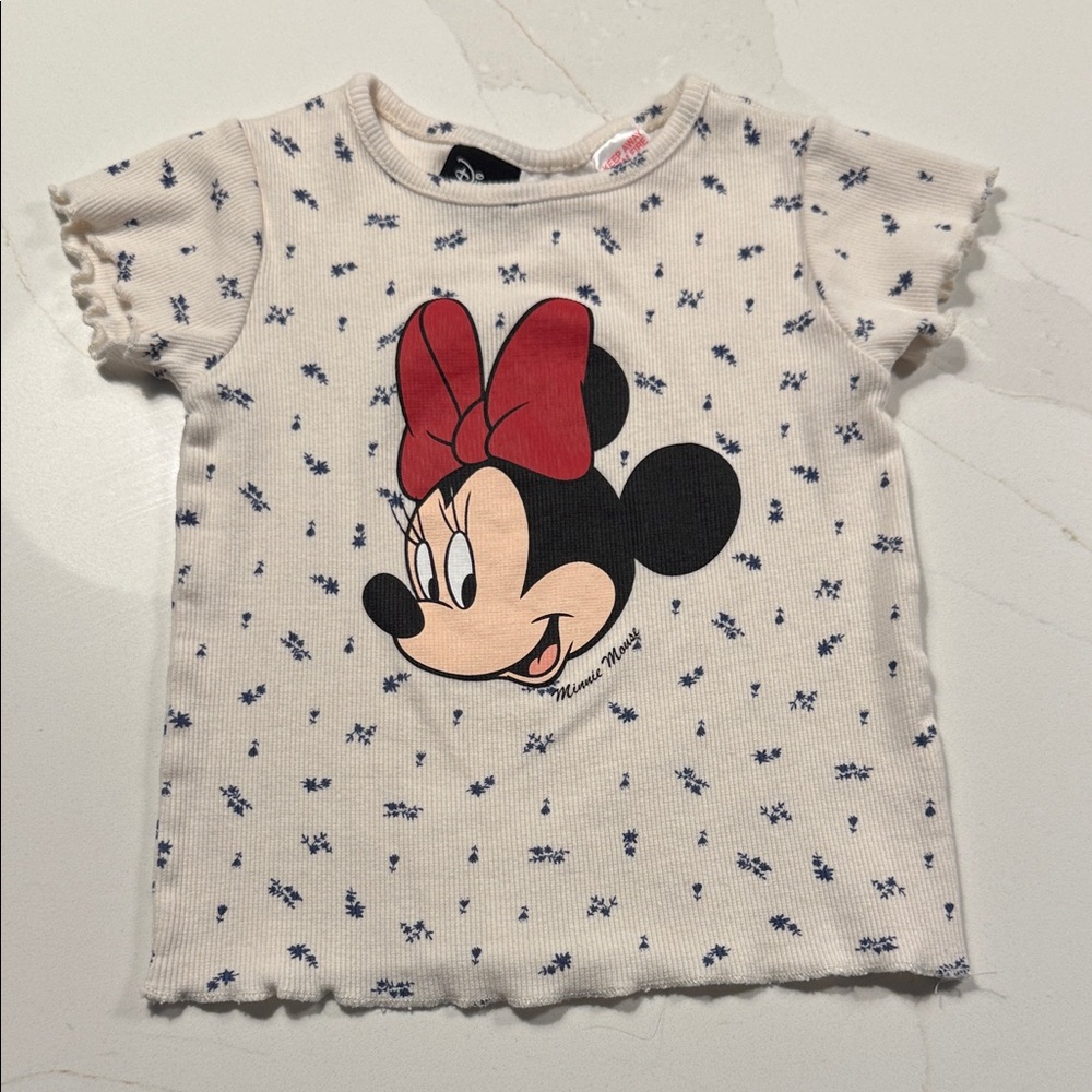 SOLD!! Zara Disney Minnie Mouse Kids Tee - Cream with blue and Black Flowers